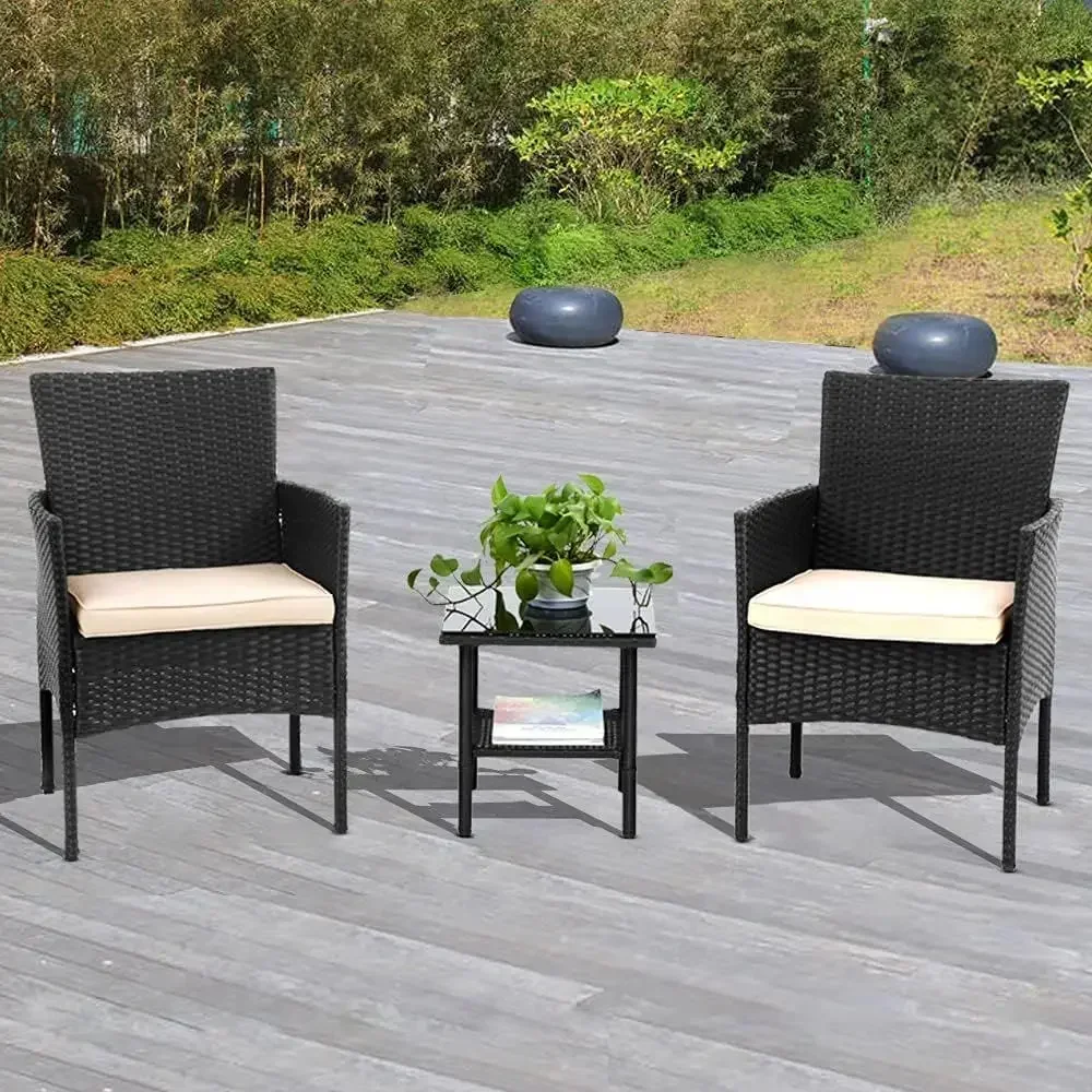 3-Piece Outdoor Wicker Patio Furniture Set with Cushions for Balcony, Porch, or Poolside in Black