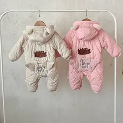 Winter Newborn Baby Girls Romper Cotton Velvet Thicken Warm Infant Girls Snowwear Jumpsuit Printed Spliced Pocket Kid Girl Parka