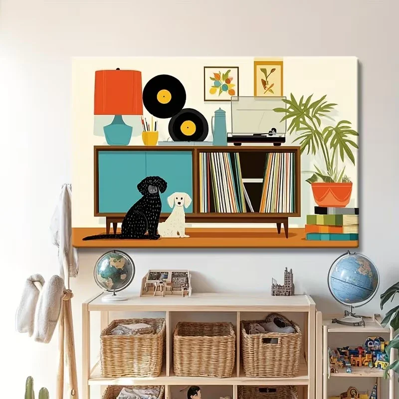 Multiple sizes 1pc frameless Canvas Painting,Vintage Record Player Vinyl Records Cute Pet Dogs Poster and Prints Canvas Painting