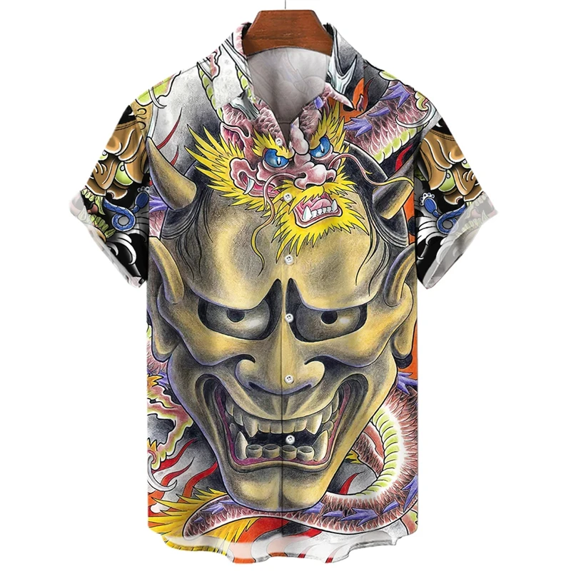 Mythical Monster Men\'s Shirt 3d Horror Face Print T-shirts Vintage Summer Male Tops Hawaiian Casual Oversized Loose Men Clothing