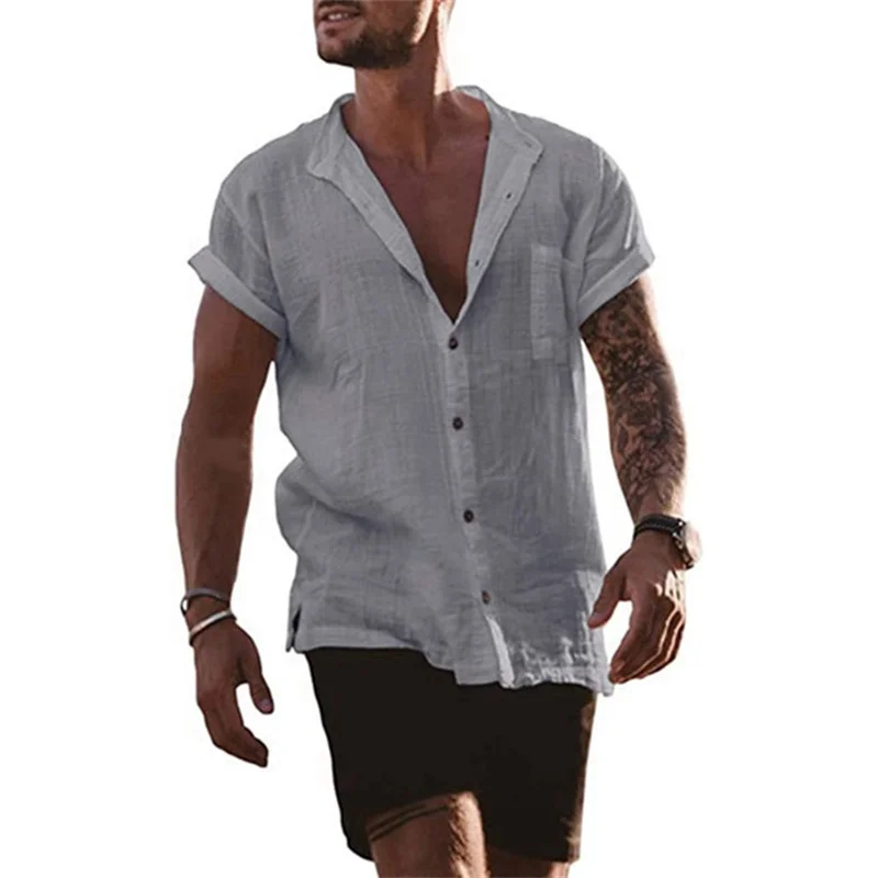 Cotton Linen Hot Sale Men\'s Short-Sleeved Shirts Summer Solid Color Stand-Up Collar Casual Beach Style Plus Size