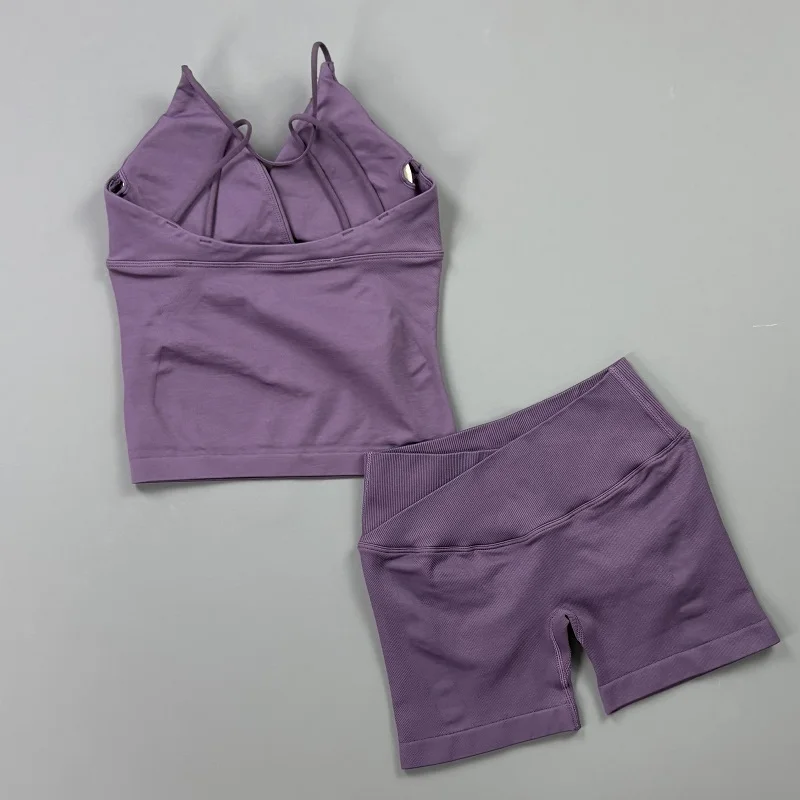 HISTELLO Vision Sportsets für Damen Nahtloses Twist-Front Longline-Top Bauchkontrolle Cross-Shorts Anzug Biker Gym Workout-Set – Detail 8
