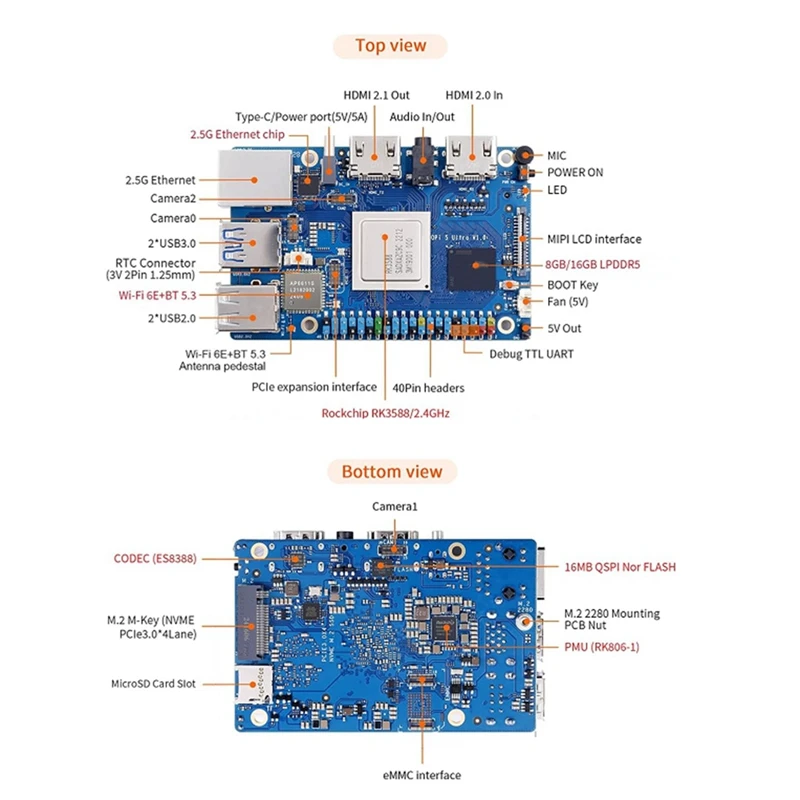 For OrangePi5 Ultra 16GB RK3588 DevelopmentBoard WiFi 6E+BT 5.3/BLE M2 SSD 6TOPS NPU Ultra Mini for Android12(US)-A74P