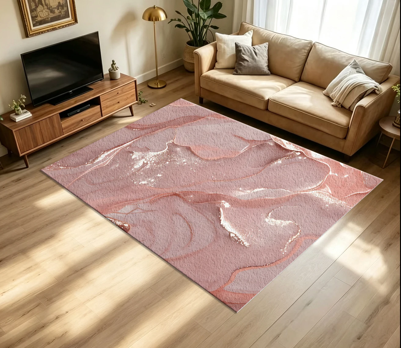 Dusty Pink Rose Gold Marble Alcohol Ink Carpet Flooring Glitter Fluid Art Large Area Rug for Bedroom Home Decoration