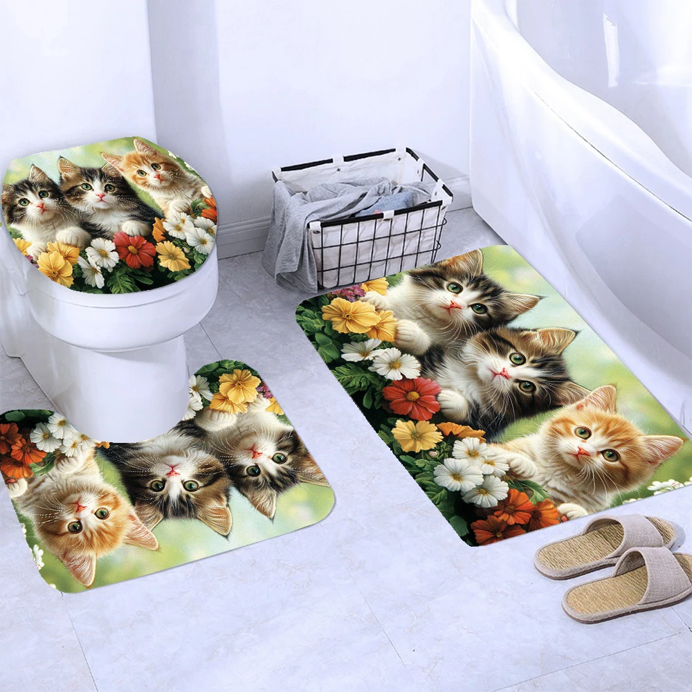 3Pcs Cute Cat Bath Mat Christmas Cartoon Cat Plant Vintage Modern Cute Home Bathroom Decoration Rug Set Toilet Cover