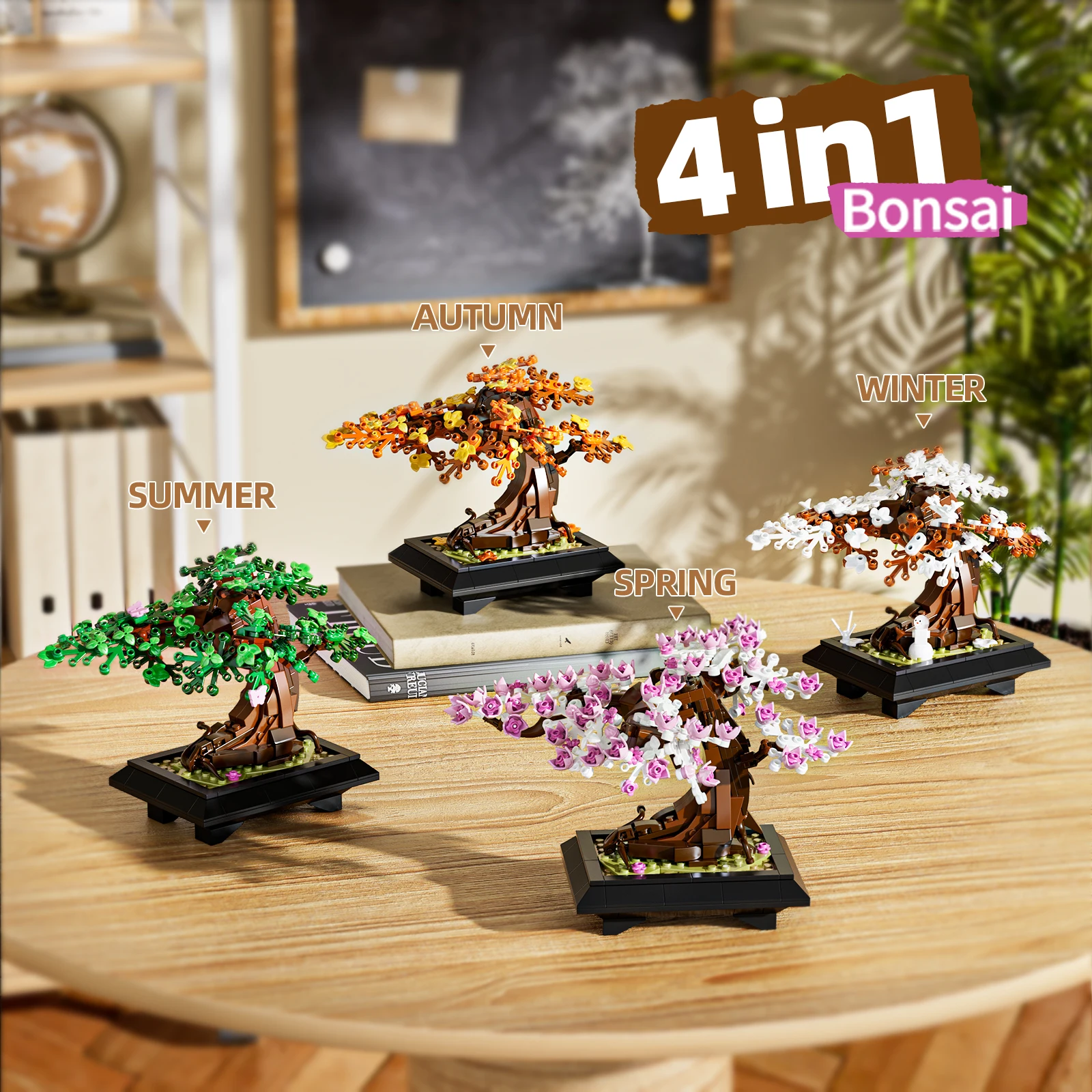 Gobricks MOC Four Season Flower Tree Bricks Model Spring Summer Autumn Winter Bonsai Tree Home Decoration Building Blocks Toys