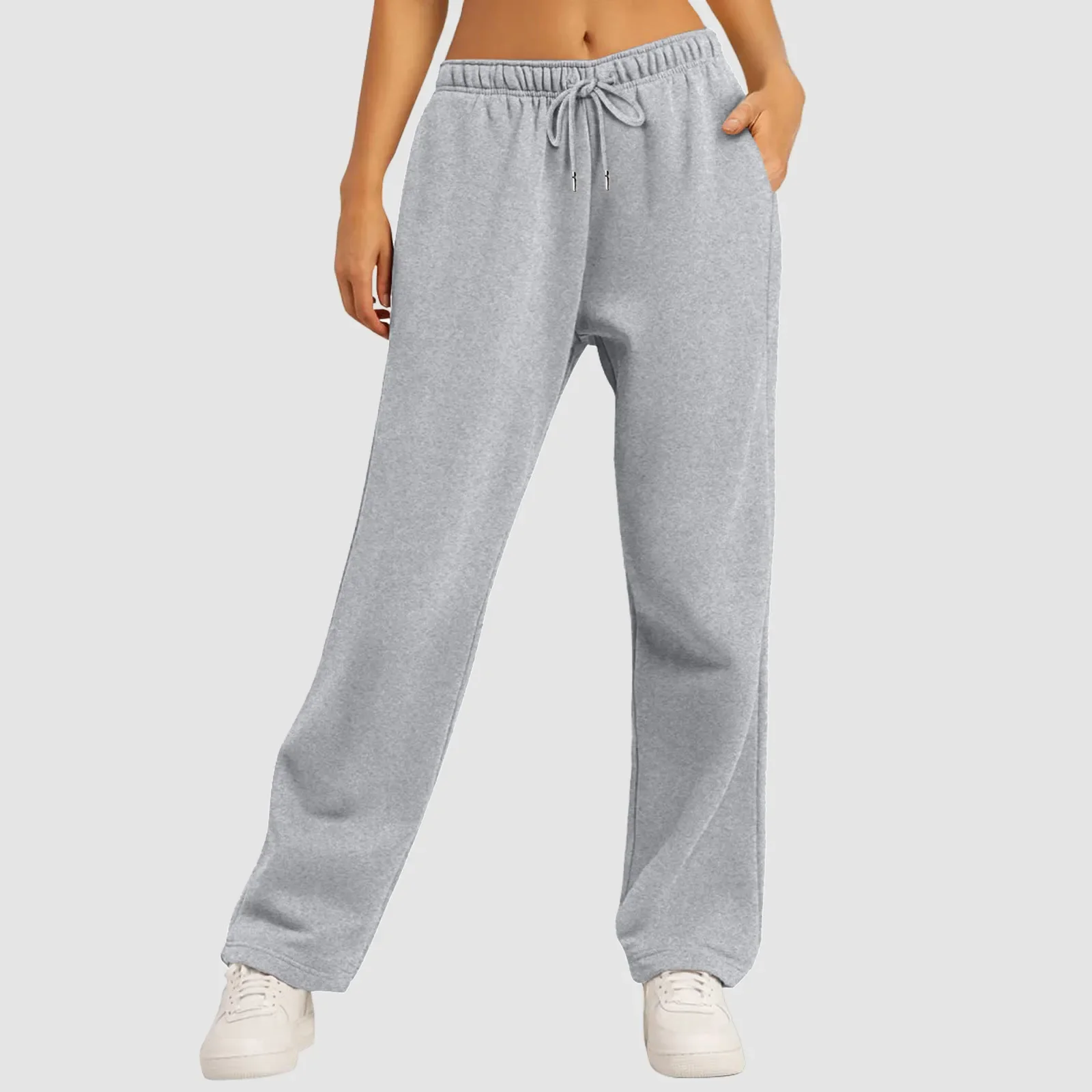 Pantalones de chándal con forro polar para mujer, pantalones de pierna ancha y recta, pantalones de chándal con parte inferior, pantalones para correr, pantalones de entrenamiento de cintura alta con bolsillos