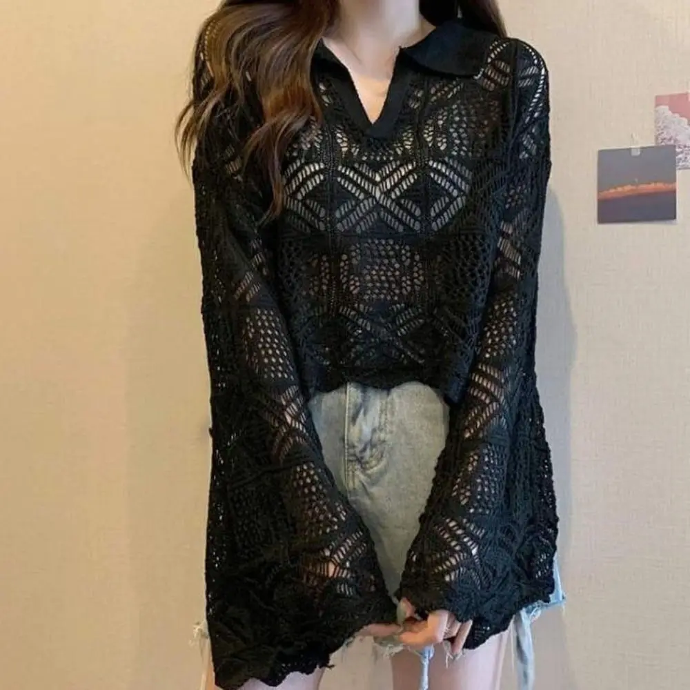 

Simple V-neck Hollow Out Knit T-shirt Loose Korean Style Crochet Knitwear Beachwear Long Sleeve Cover Up Crop Top Streetwear