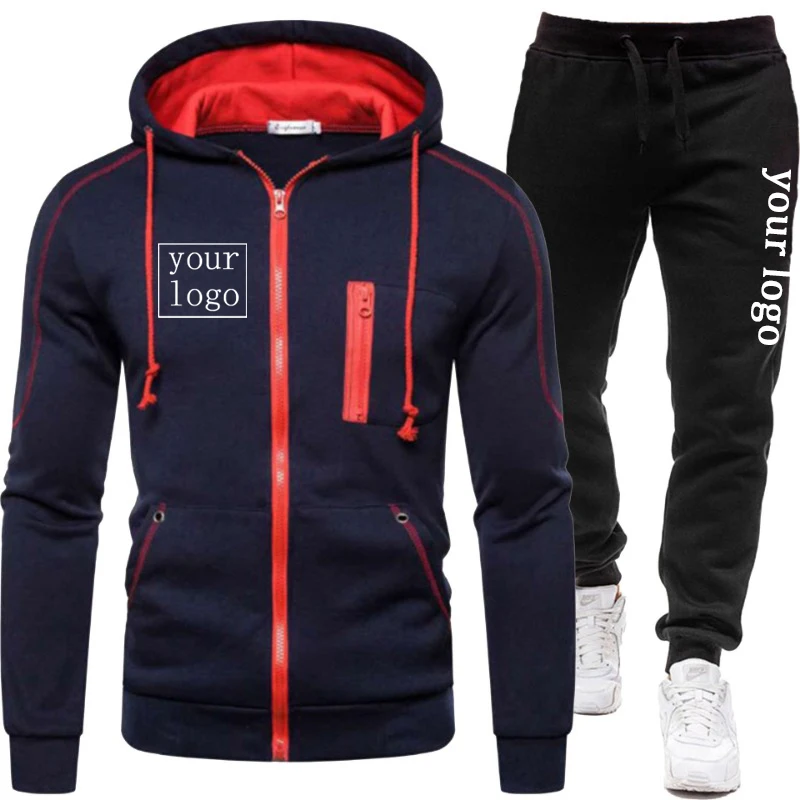 Nova marca personalizada seu logotipo hoodies homens diy casual jaqueta com zíper define inverno moda velo ternos quentes hip hop casaco calças esportivas