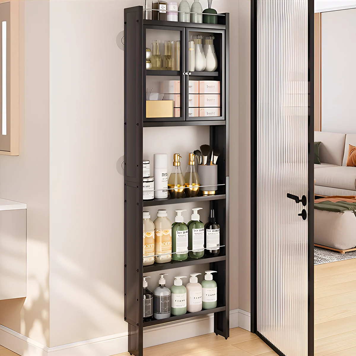 

Bathroom, behind door, locker, narrow floor, multi layer 10cm crack, storage
