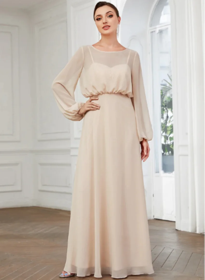 Jewel Neck with Buttons Floor Length Sexy Minimalist Gown Elegant Chiffon A-Line Prom Mother of the Bride Dresses for Women
