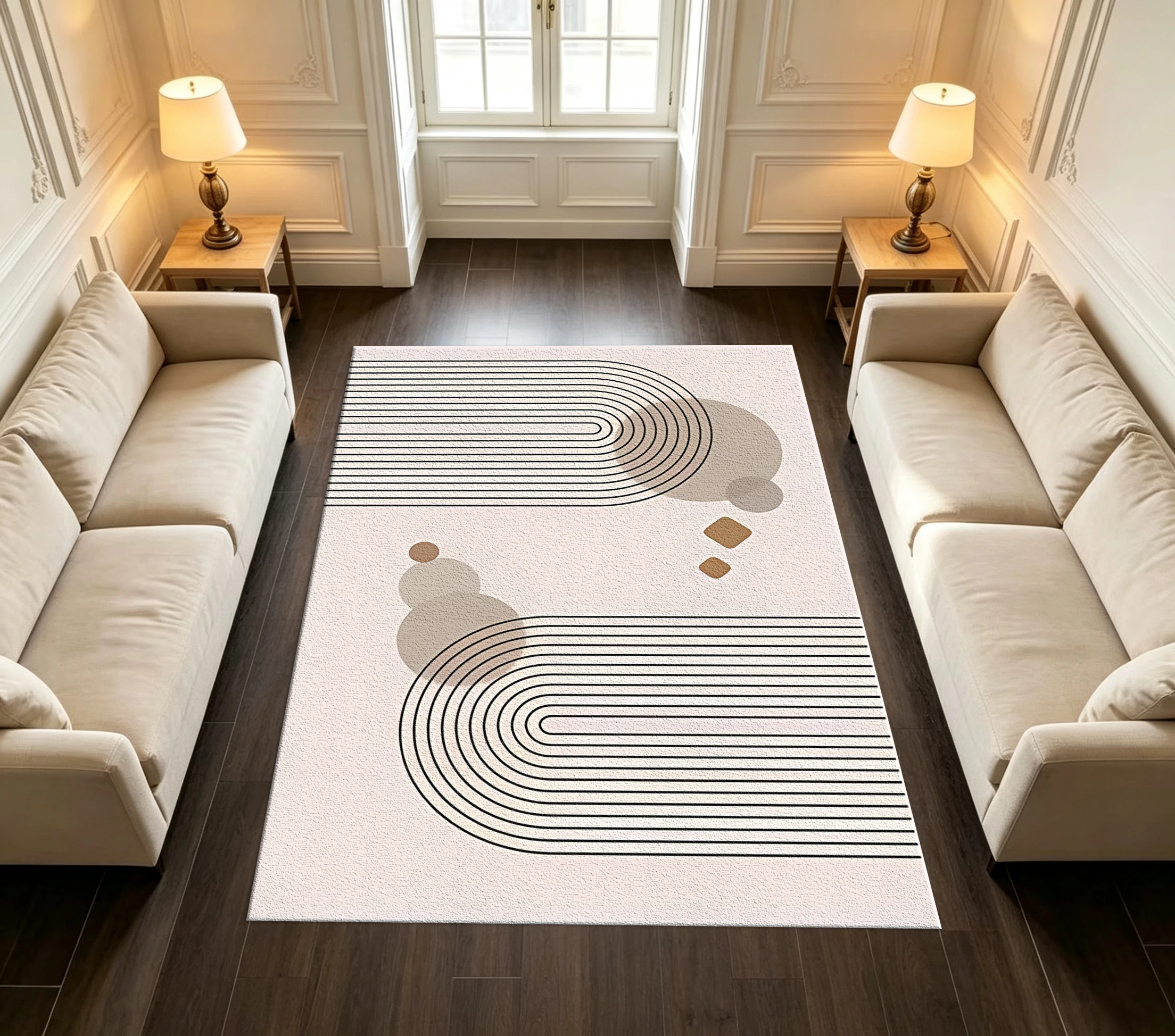 Boho Mid‑Century Curved Arch Geometric Carpet Flooring, Neutral Beige Tone Indoor Home Area Rug