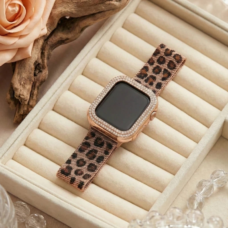 Luxury Leopard Pattern Mesh Metal Band With Rhinestone Protective Case Cover For Apple Watch 9 8 7 6 5 4 se Milanese Loop Strap