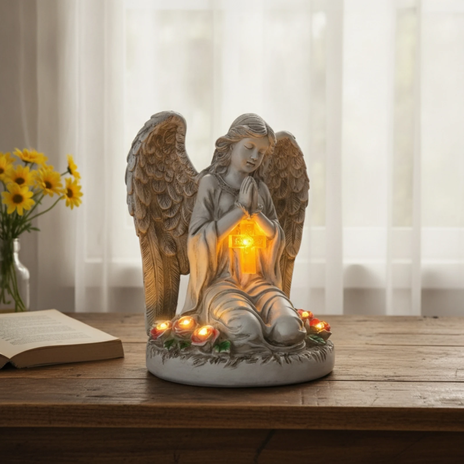 Kneeling Angel Figurine Outdoor Angel Statue with Lantern Garden Statue with Lantern Elegant Soft for Patio, Yard