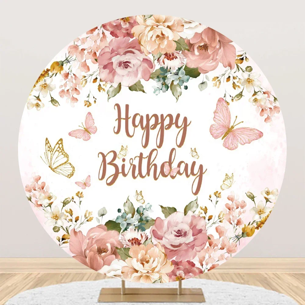 Tableclothsfactory Butterfly Round Backdrop Cover for Photography Pink Flower Princess Girl\'s Circle Happy Birthday Party Banner