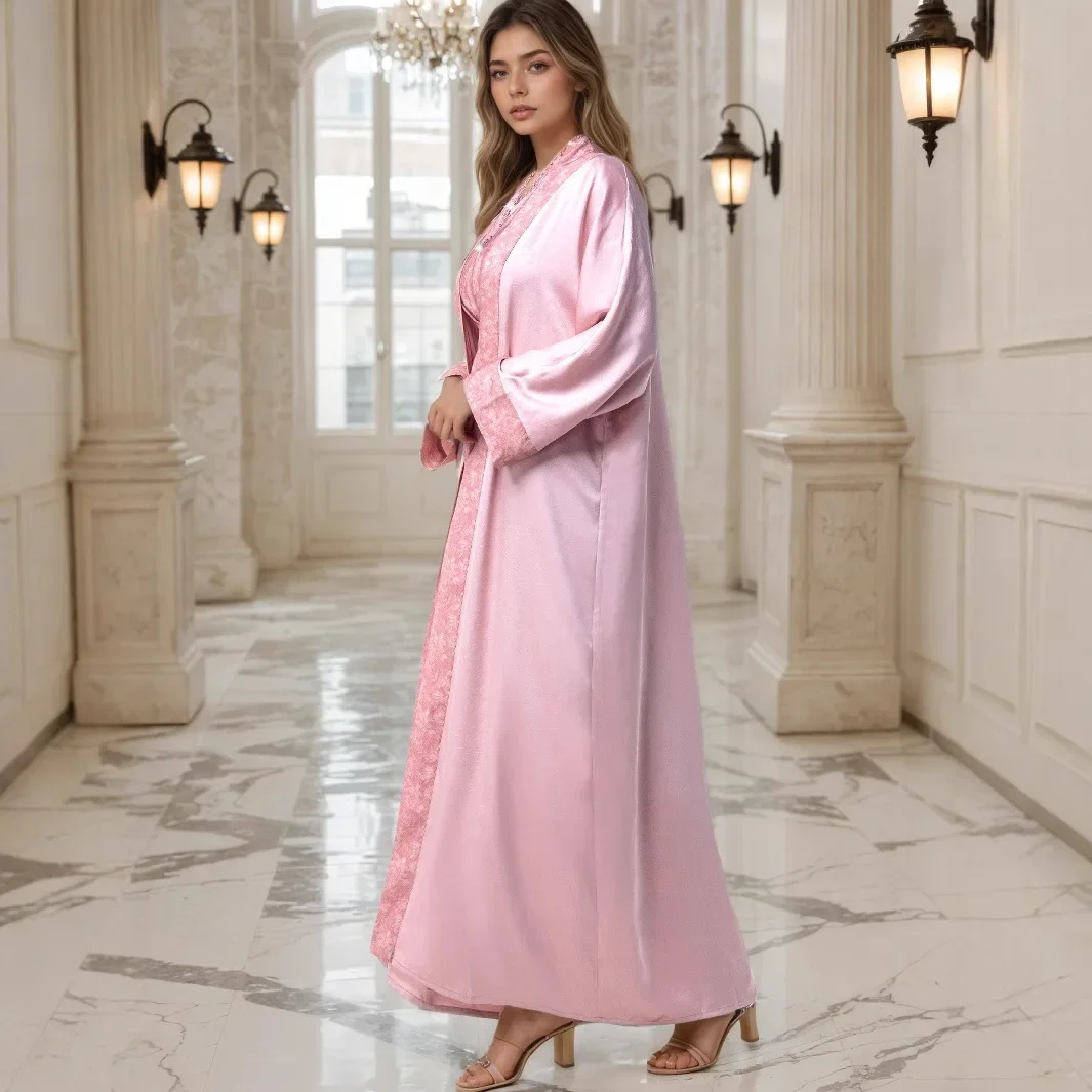 

Мусульманский женский розовый костюм-двойка для Ид: открытая абайя, скромное платье, длинный халат для Рамадана, абайи, кафтан, вестидос, комплект 2025