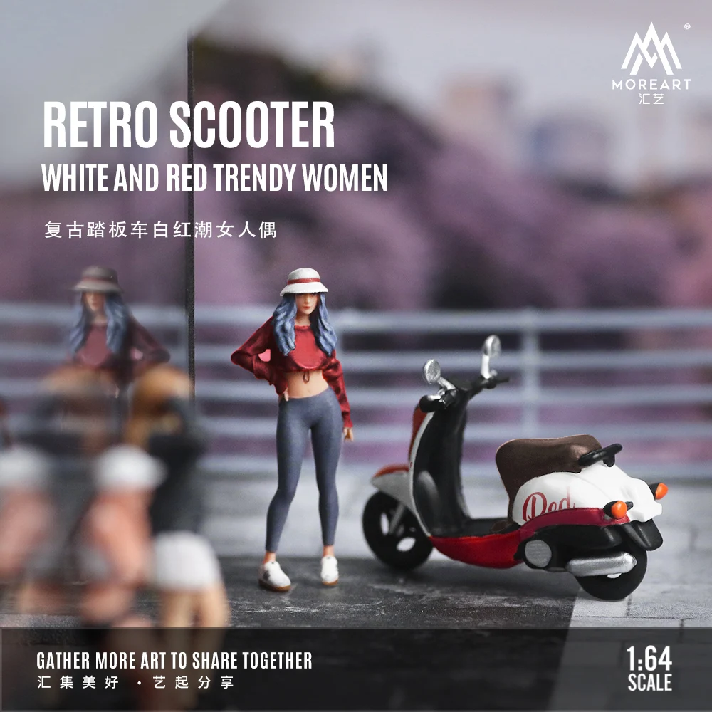 *Pre-Order*MoreArt 1:64 Vintage Scooter White and Red Hipster Female Doll Set, Miniature Scene Decoration Gift&Display