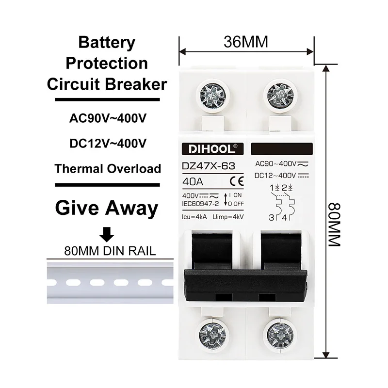 DC/AC Solar Miniature Circuit Breaker MCB AC90V-400V DC12V-400V 2P Battery Air Switch 15A 20A 30A 60A 100A 120A for Car Inverter