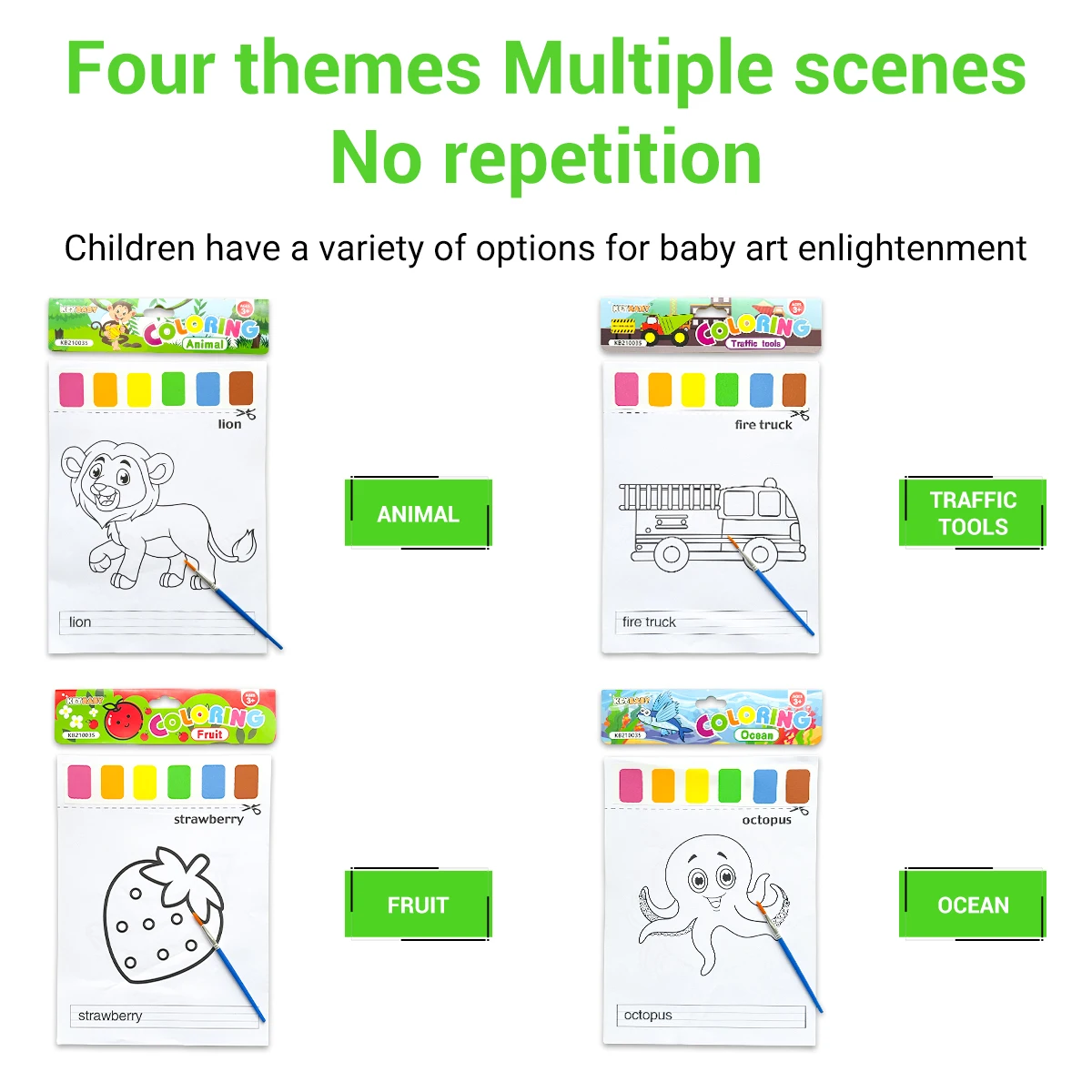 Four theme multi scene coloring book set: animals, fruits, transportation, ocean, preferred for baby art enlightenment