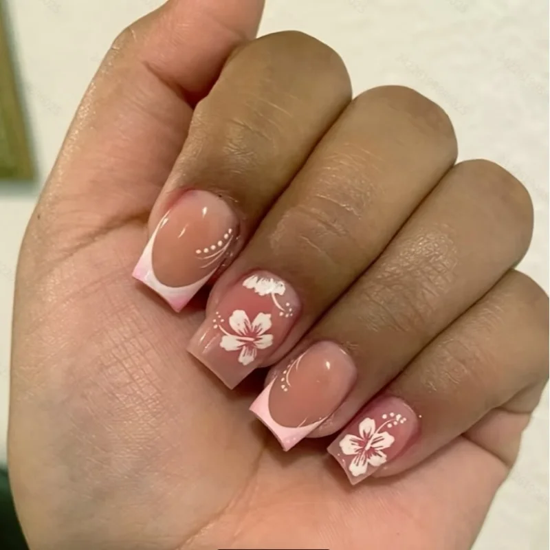 

24Pcs Pink French Full Cover Fake Nails with Flower Design Wearable Ballet Press on False Nails Simple Short Square Nail Tips