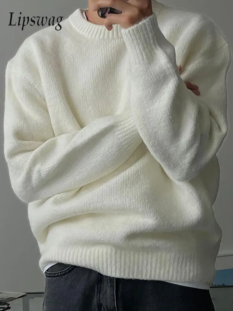 

Стильный мужской вязаный свитер с круглым вырезом, однотонный, повседневный, с длинным рукавом, весна 2026, винтажный, уличный стиль