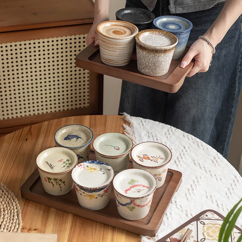 Underglaze Colored Ceramic Jokou Cup,Japanese Tea Cup,Retro Stove Boiling Tea Small Lid Cup,Household Dustproof Master Cup