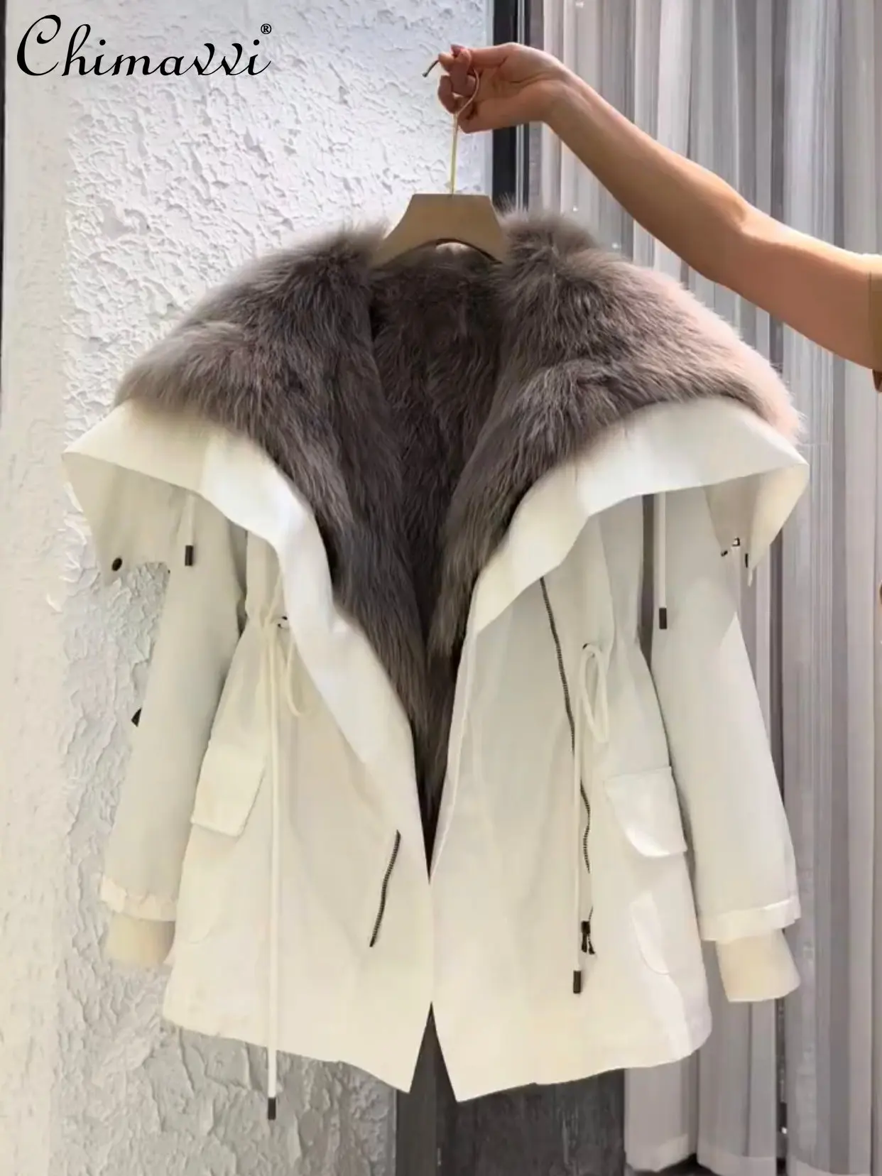 

Korean Style Fashionable Fur One-Piece Fur Stitching Parka Women 2022autumn and Winter New Sailor Collar Fake Leather Fur Coat