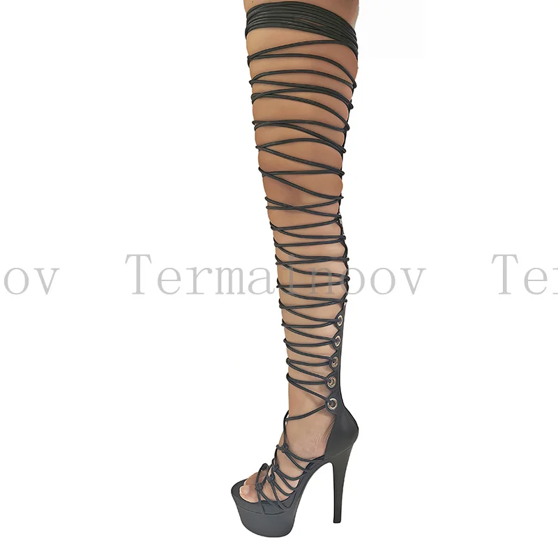 

Fashion Women High Heel Sandals Sexy Black Over The Knee Cross Strap Stiletto Heel Platform Zipper Elegant Party Quality Shoes