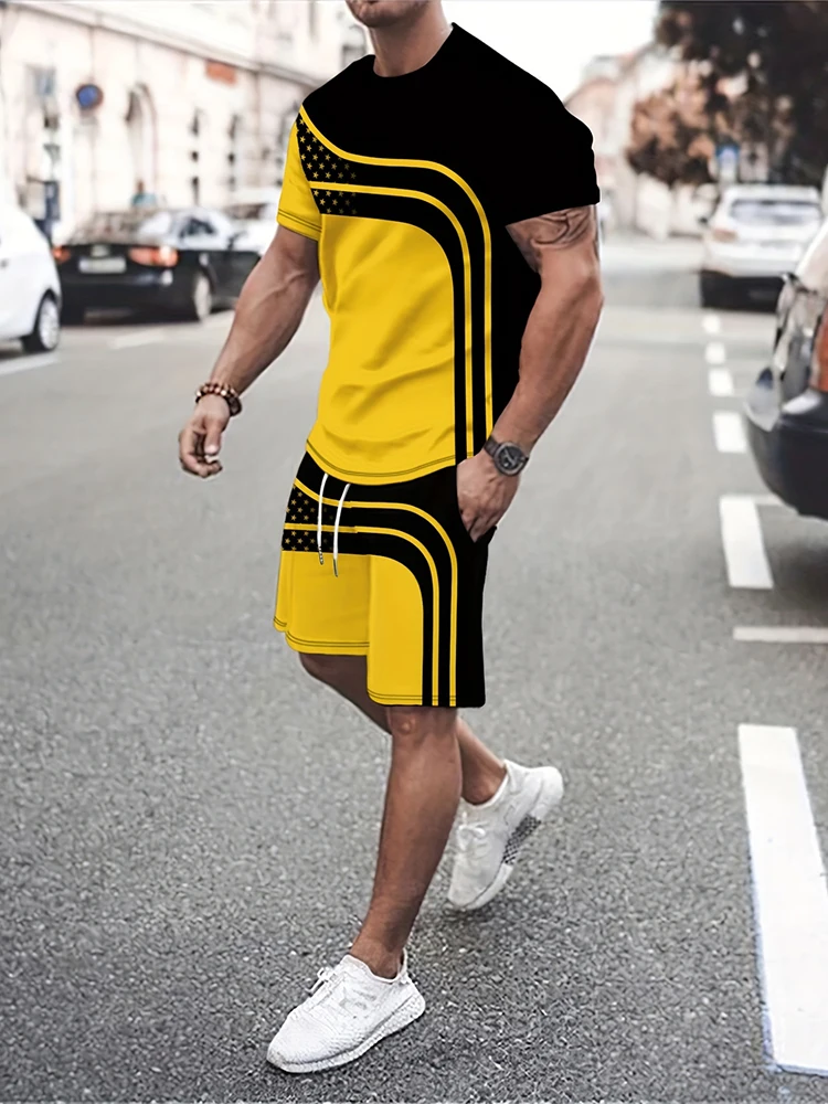 2024 New Summer 3D Men's Suit Outdoor Sports Running Shorts Street Fashion Casual Loose Comfortable T-Shirt Line and Star Print