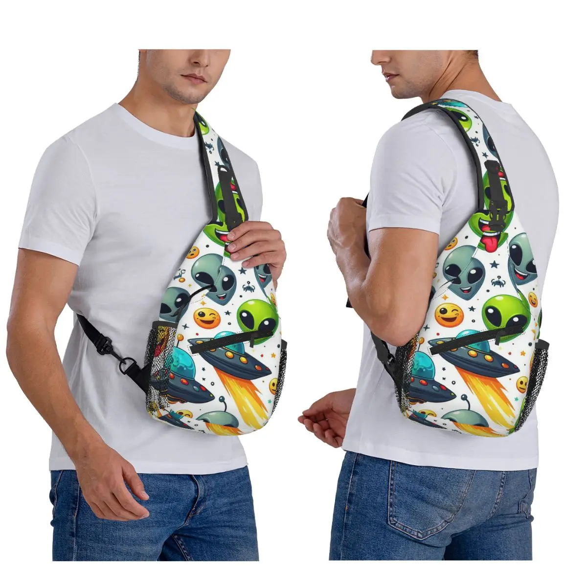 Green Alien And UFO Pattern Chest Bag Men Sling Crossbody Backpack Chest Bag Traveling Hiking Daypack Shoulder Bag