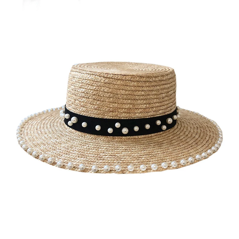 

Summer Sun Hats For Women Fashion Pearl Decoration Flat Top Cap Panama Jazz Fedoras Straw Hat Shade Brief Beach Hat