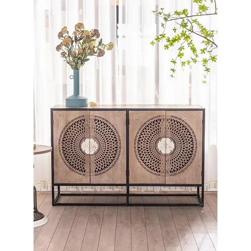 Industrial Art Engraved Door Sideboard Retro Country Furniture 4 Doors Large Space Locker with Iron Frame