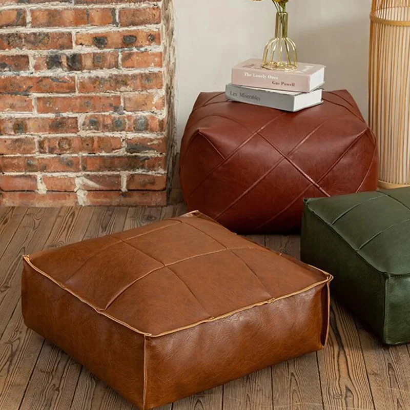 Moroccan PU Leather Pouf Floor Cushion Oil Wax Skin Craft Embroider Ottoman Footstool Futon Artificial Leather Unstuffed Cushion