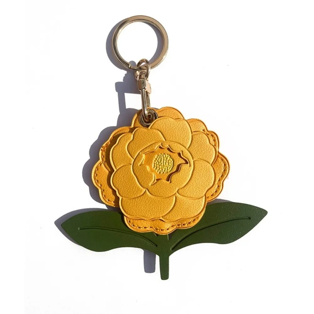 PU Keychain Card Holder Anti-Scratch Peony Flower Access Card Holder Keychain Peach Blossom Protective