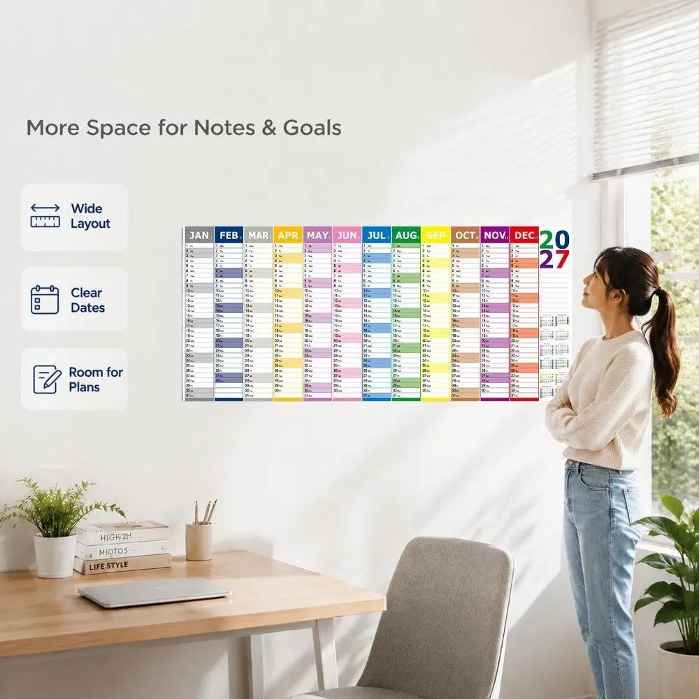 Large Size 2027 Wall Calendar Thick Paper English 12 Month Calendar Colorful Notes Full Year Monthly Planner Calendar Office Use