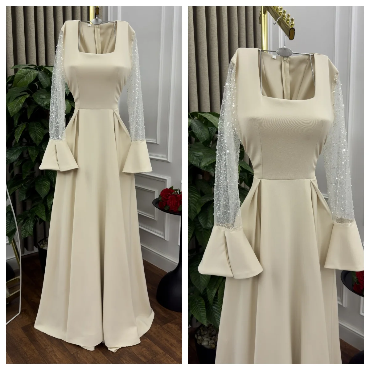 Vestido de noche personalizado Jersey clásico cuello cuadrado lentejuelas mangas largas vestidos de graduación exquisitos vestidos de fiesta de tren de barrido