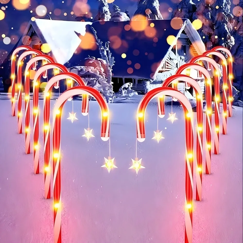 1SET 8PCS/5PCS Christmas Candy Cane Garden Stake Lights with Hanging Star Lights, Waterproof, for Outdoor Yard Lawn Decor