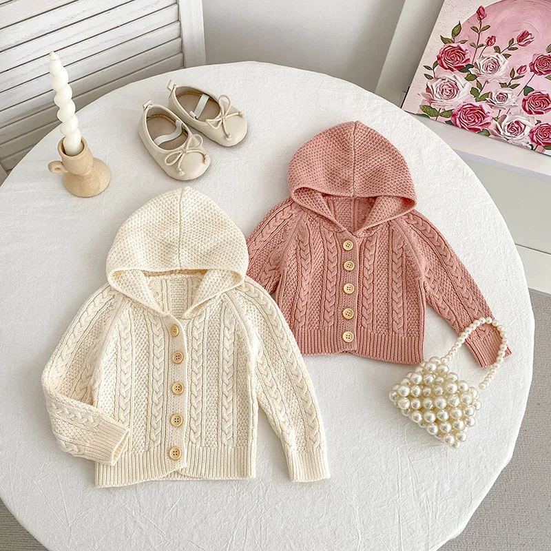 

2025 Autumn Korean Style Baby Girls Hooded Cardigan Long Sleeve Knit Sweater Coat Soft Cotton Lace Trim Outfit 0-3 Years