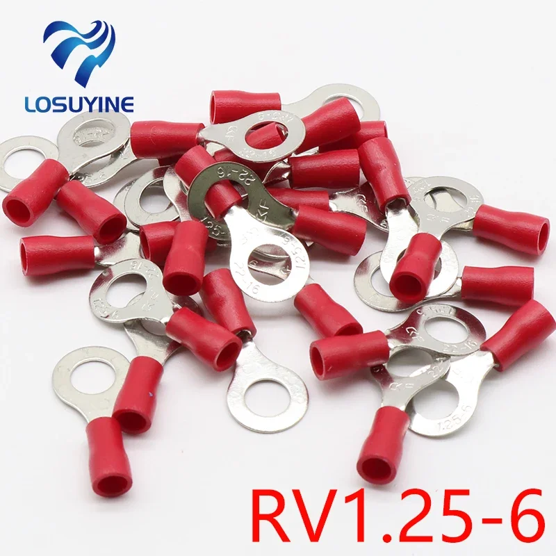 RV1.25-6 Red 22-16 AWG 0.5-1.5mm2 Insulated Ring Terminal Connector Cable Wire Connector 100PCS/Pack RV1-6 RV