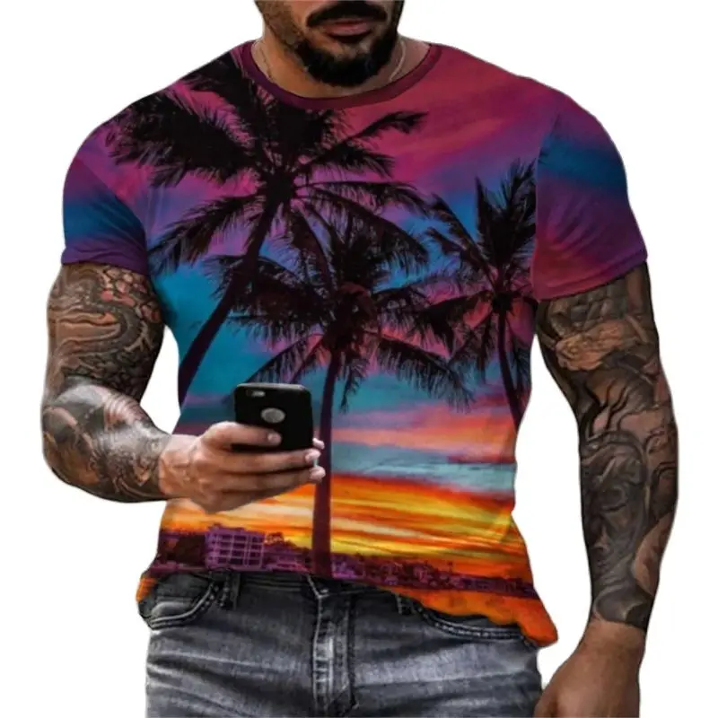 Personality Coconut Tree T-shirt Men\'s Fashion Hawaii HD 3D Digital Printed Tropical Crewneck Beach Casual Loose Comfortable Top