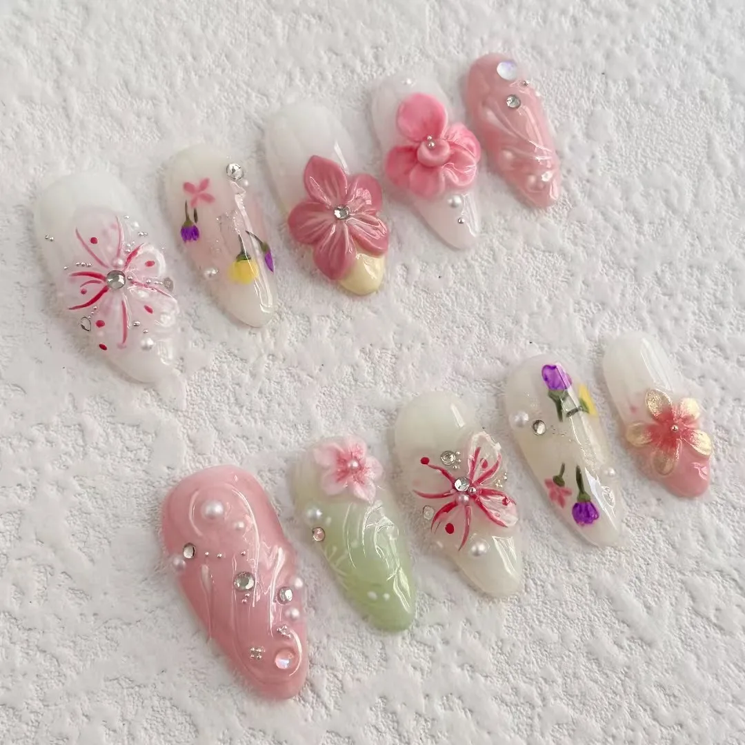 Nieuwe 2025, handgemaakte manicure, gepersonaliseerd ontwerp, 3D-reliëfstijl, nep-nagels, bloemstijl, pers op nagels, bezorgset