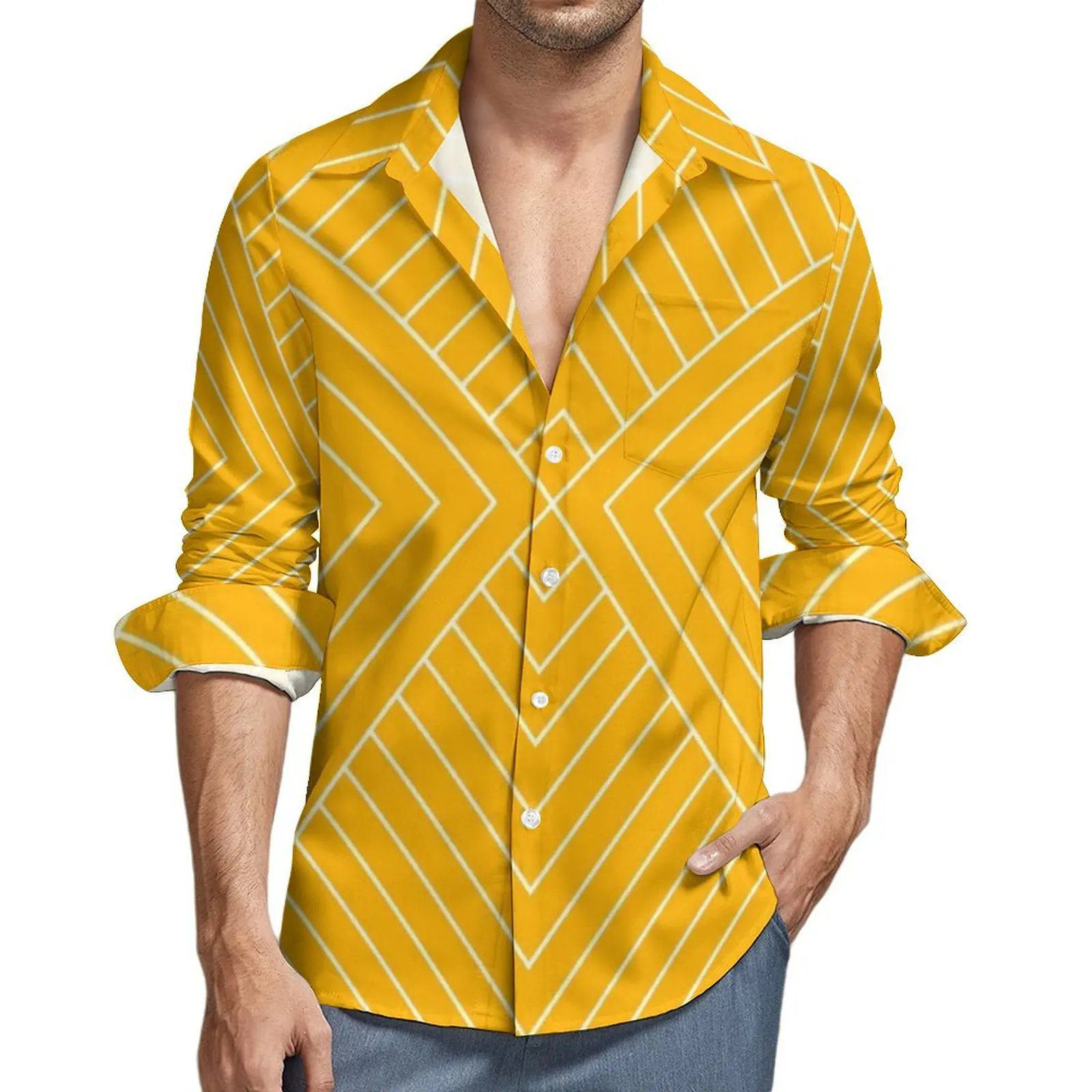 Nordic Pattern Casual Shirts Art Deco Yellow Novelty Shirt Spring Breathable Oversized Blouses Men Long Sleeve Design Tops Gift