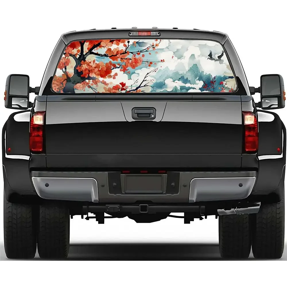 

Plum Blossom Thousand Crane Car Rear Windshield Sticker Truck Window See Through Perforated Back Window Vinyl Decal Decor Gift
