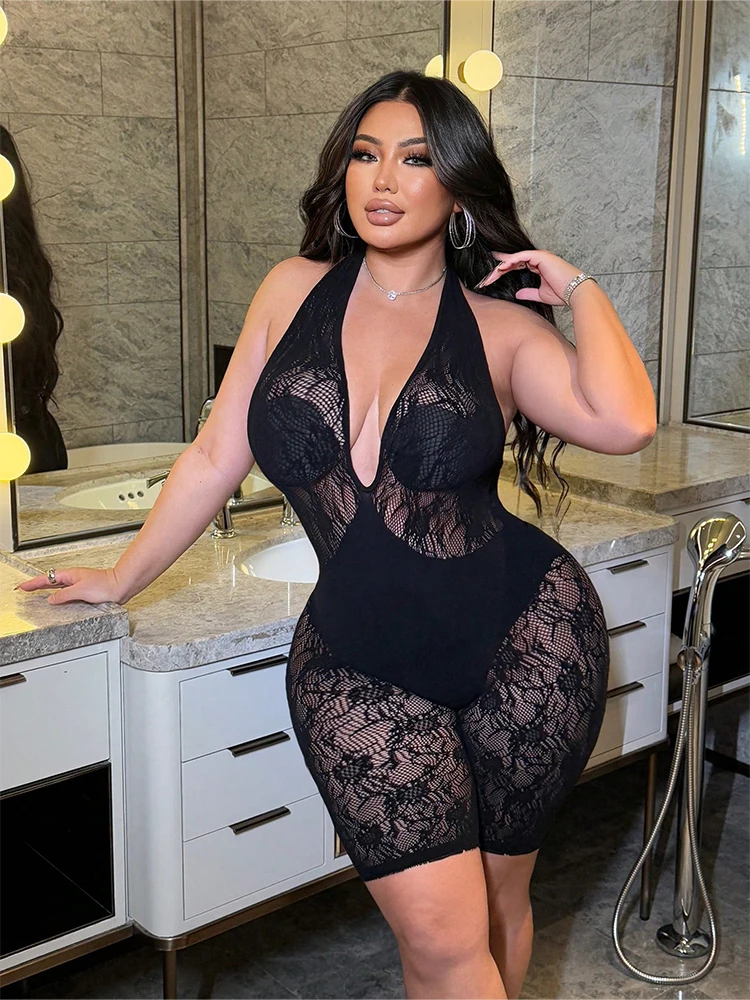 

Women's Plus Size Sexy Hollow Out Romper Lace Hanging Neck Mesh Jumpsuit Deep V Nightclub Party
