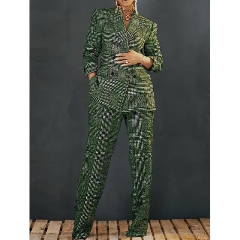 

Ele een Plaid Double-Breasted Women's Suit Casual Sportswear Set Autumn Season Seven-Quarter Sve Top ort Pants