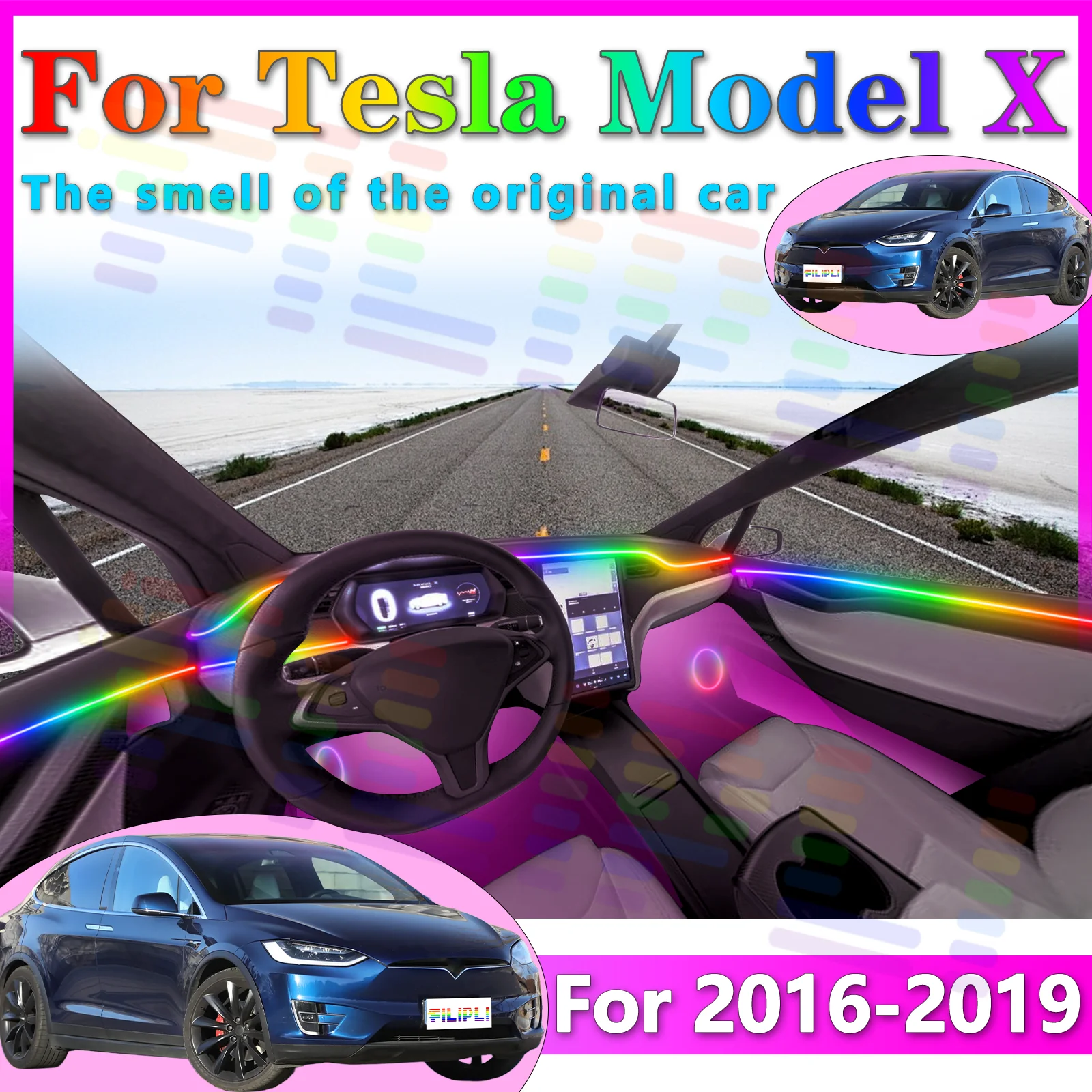 

Для Tesla X 2016 2017 2018 2019, ультра-яркие скрытые акриловые автомобильные светодиодные внутренние полосы для настроения, RGB с управлением через приложение, блестящая волна