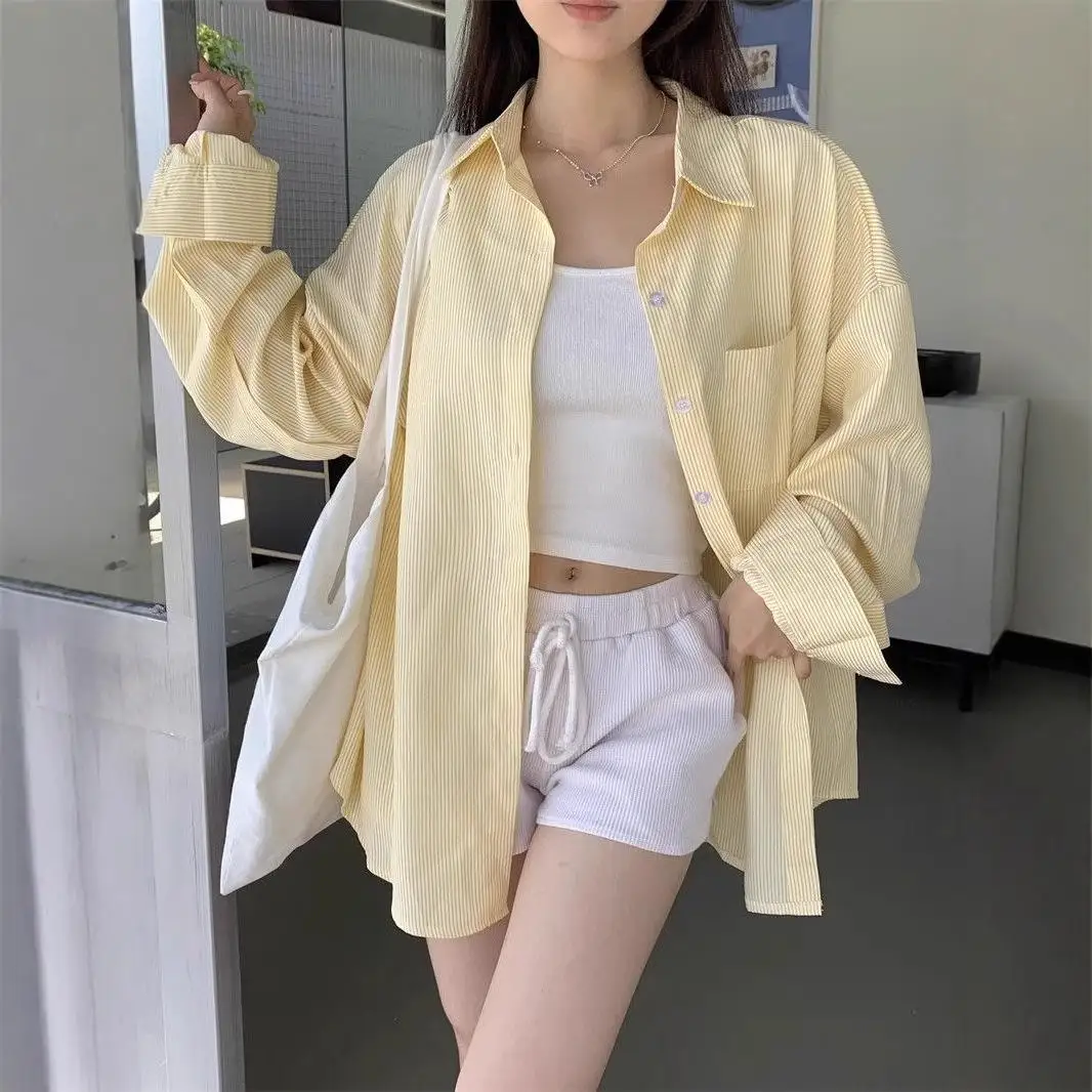 

Yellow Striped Casual Shirt Women's Spring Autumn Sweet Design Loose Sun Protection Outerwear Cotton Polyester Long Sleeve