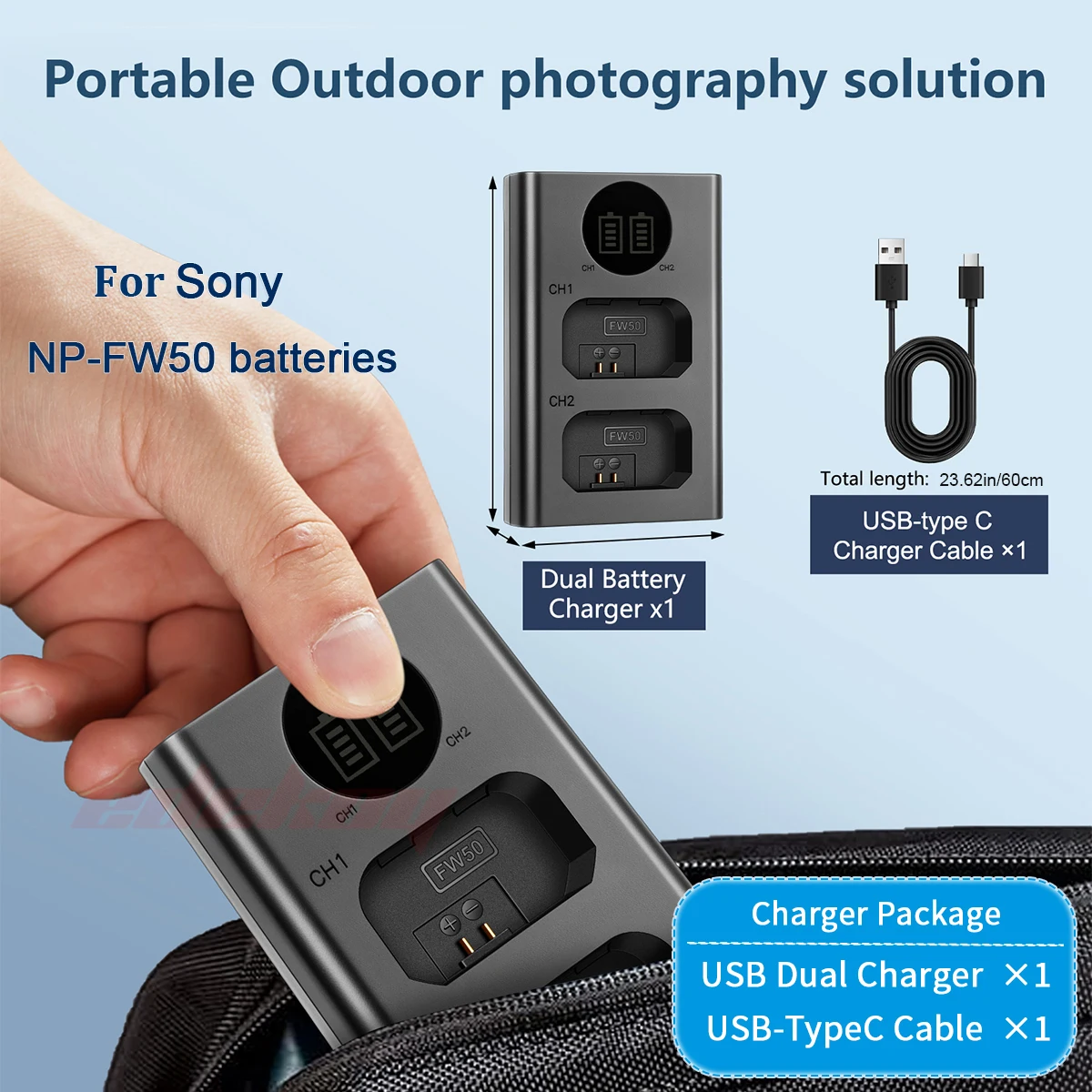 For Sony NP-FW50 Battery USB Dual Charging Charger, Compatible Sony Alpha 7,ZV-E10,A6000,A6400,A5100,A7,A7 II,A7R,A7R II,NEX-7