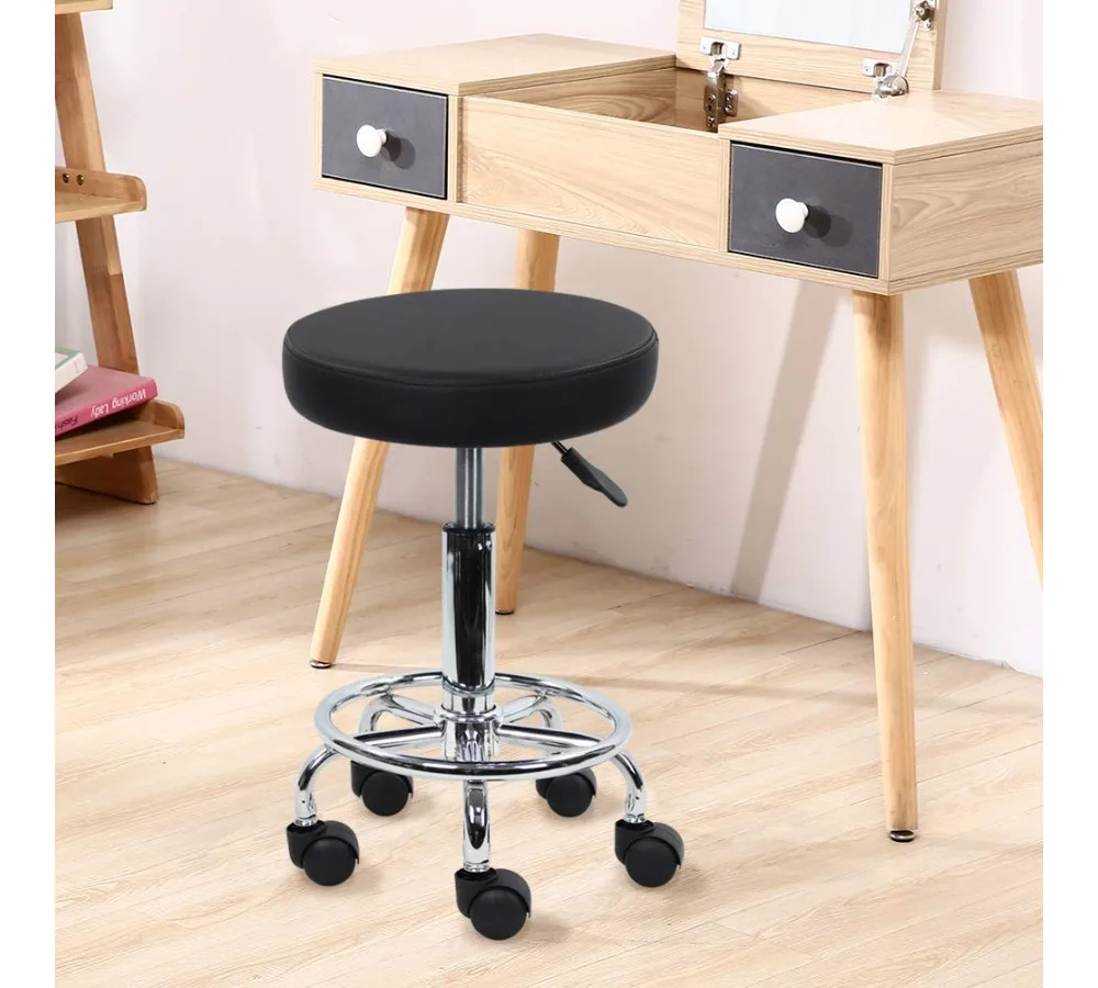 كرسي دوار من جلد البولي يوريثان مع مسند للقدمين لضبط الارتفاع في صالونات التجميل والمكتب باللون الأسود #2