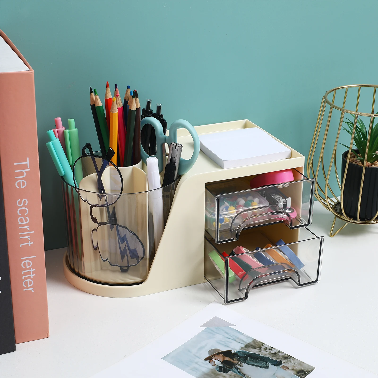 

Desktop Organizer Pen Holder Rotatable Divided Storage Box Office Supplies Desk Stationery Organizer Makeup Brush Holder